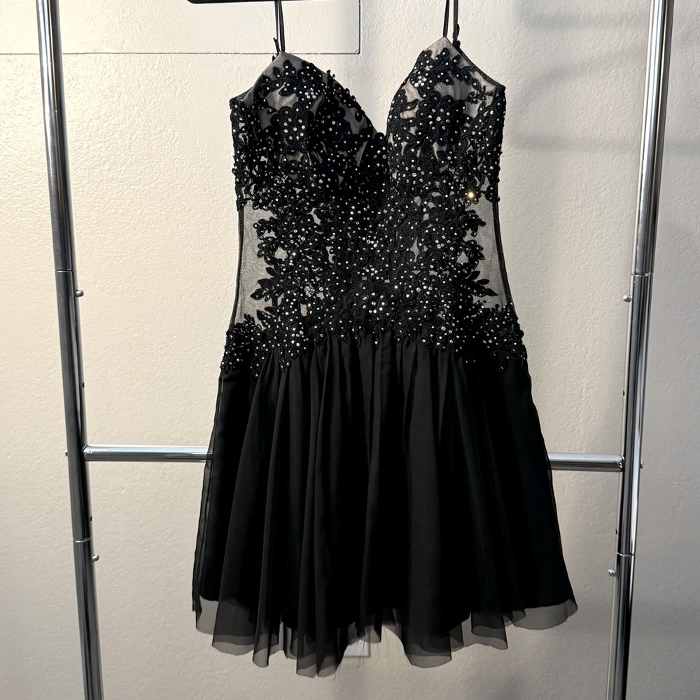 La Femme Black Silk Beaded Dress